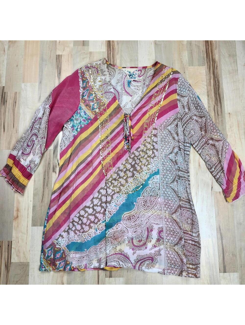 Faith Womens Lace-up Popover Multicolor Print Sequined Tunic Size XLarge